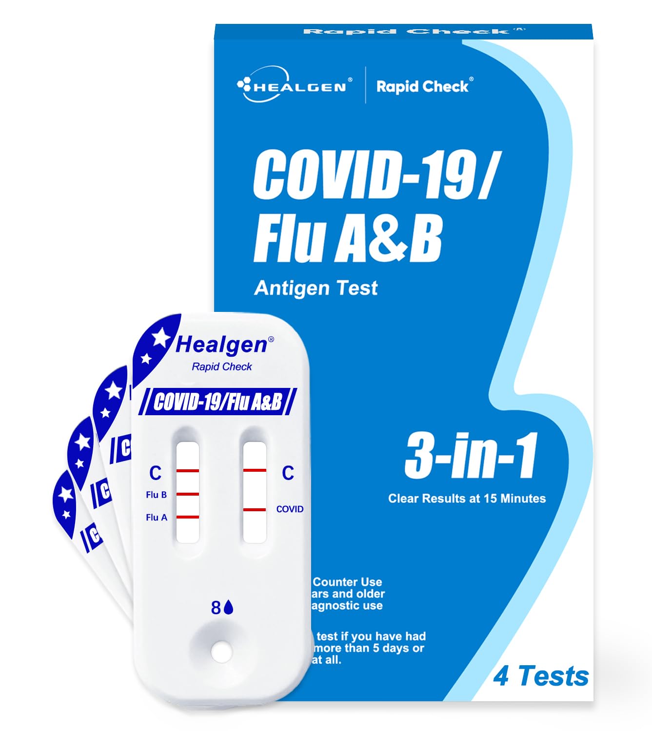 Healgen® Rapid Check® COVID-19/Flu A&B Antigen Test (OTC), 4 Tests Per Box, 25 Boxes Per Kit